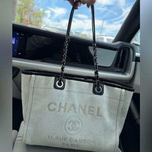 CHANEL Deauville Canvas Shopper Tote with Black Trim